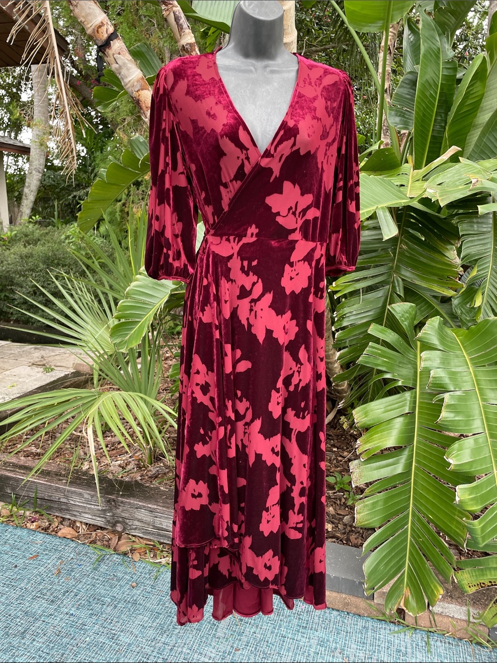 Burgundy wine floral velvet high low dress